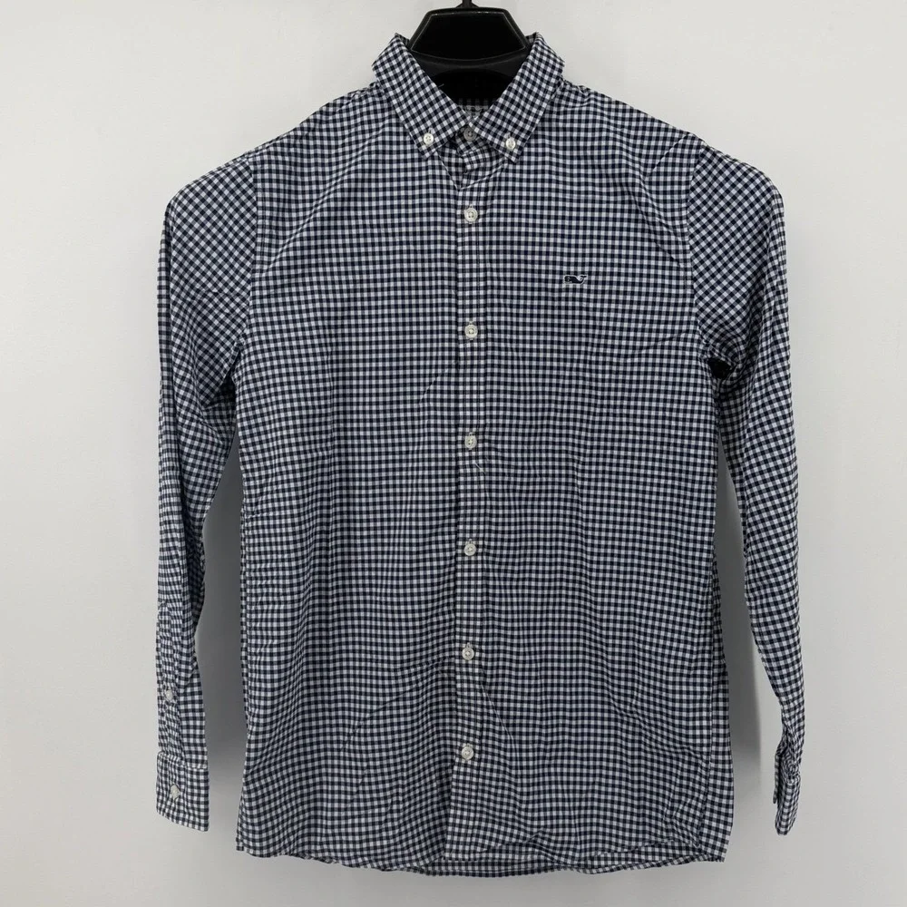 Vineyard Vines Button Down Boys XL 16 Navy Gingham Performance Shirt Long Sleeve